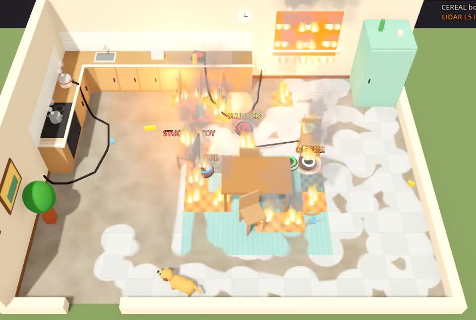 The same kitchen on fire: flames on the rug, the chairs and the curtain, with robots still cleaning and the dog nearby.