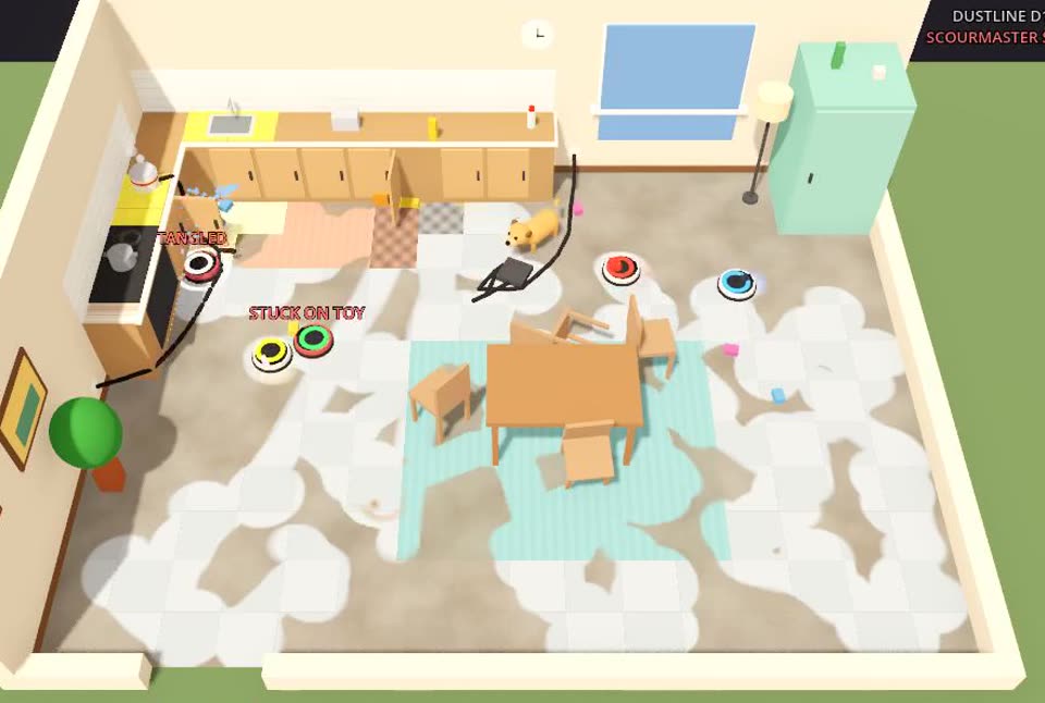 A kitchen with a burst pipe under the sink and puddles across the floor while robots clean.